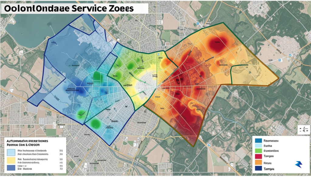 A digital map overlay showing highlighted autonomous service zones in…
