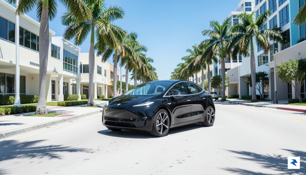 A sleek, futuristic Tesla Robotaxi navigating a modern, sun-drenched Florida…