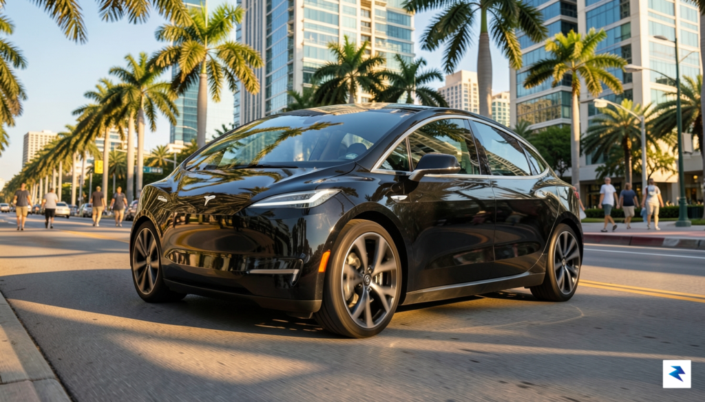 A sleek, futuristic Tesla Robotaxi navigating a sun-drenched, palm-lined street…