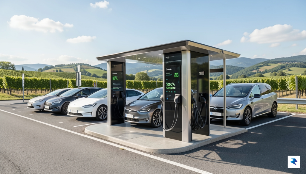 A wide-angle, high-resolution photo of a modern Tesla Supercharger station&hellip;