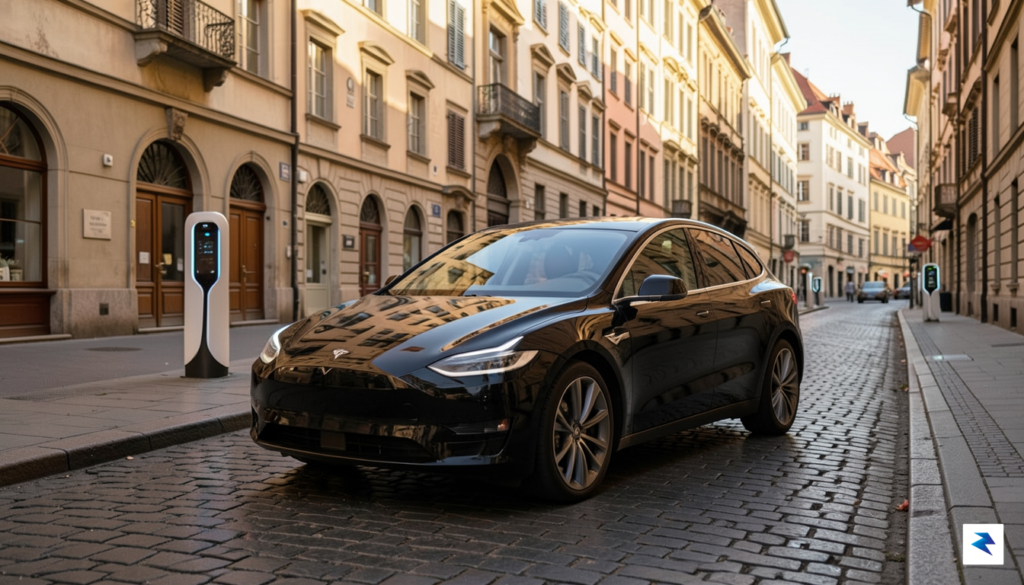 A modern Tesla Model Y driving through a scenic, historic&hellip;