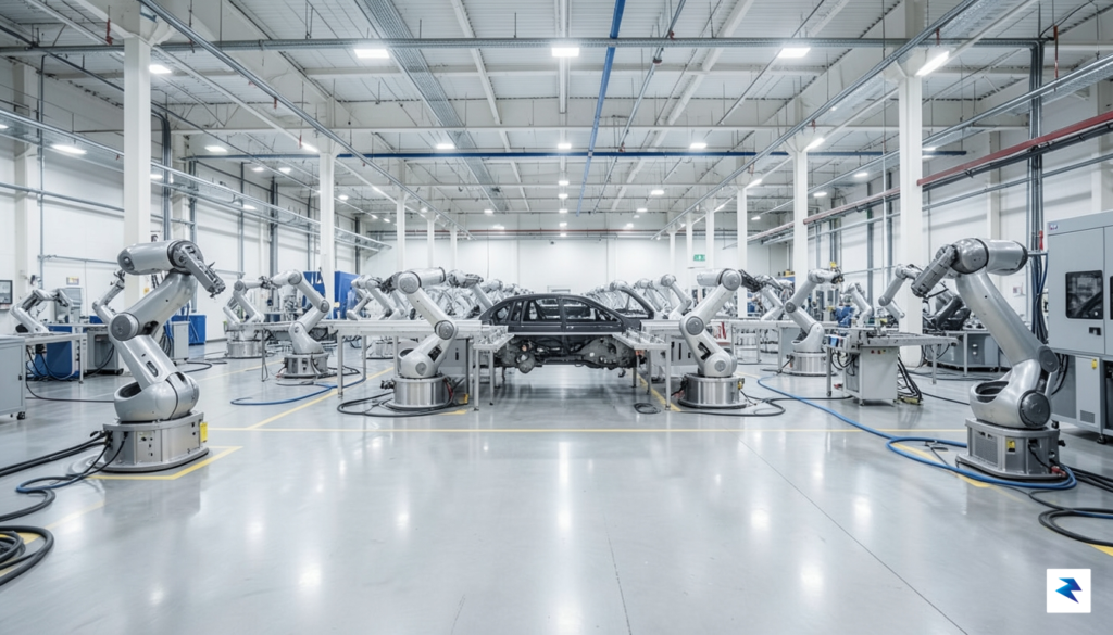 A wide-angle, high-resolution photograph of a busy, modern Tesla Gigafactory…