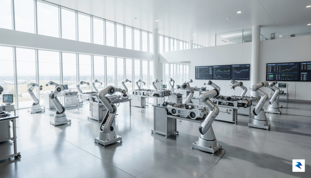 A sleek, high-angle wide shot of a modern, highly automated…