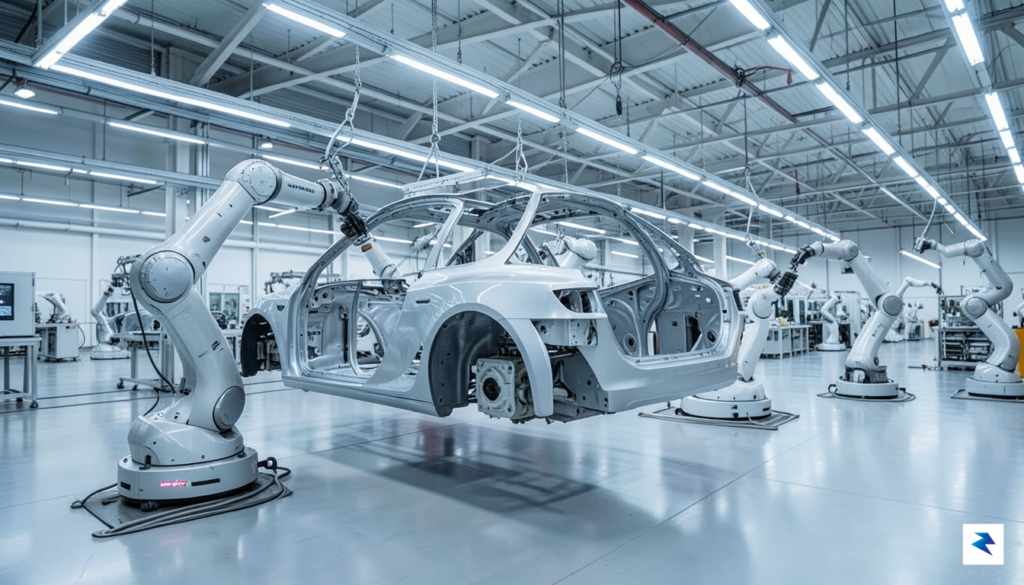 A modern Tesla assembly line showing high-tech robotic arms working…