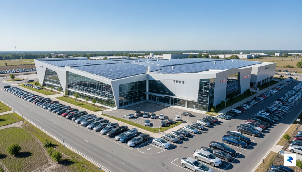An aerial wide-angle shot of a sprawling, modern Tesla Gigafactory&hellip;