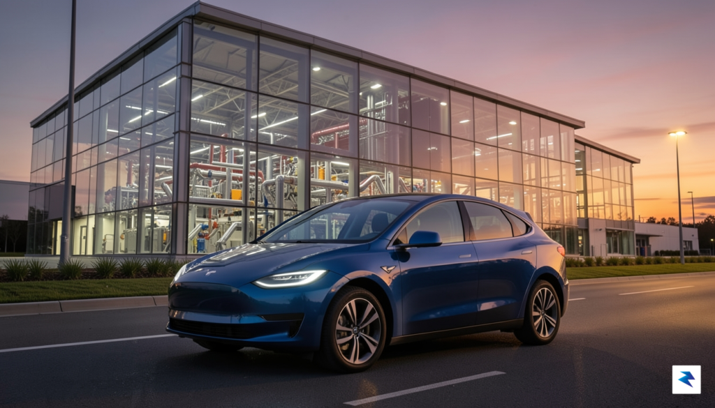 A sleek, modern Tesla Model Y parked in front of&hellip;