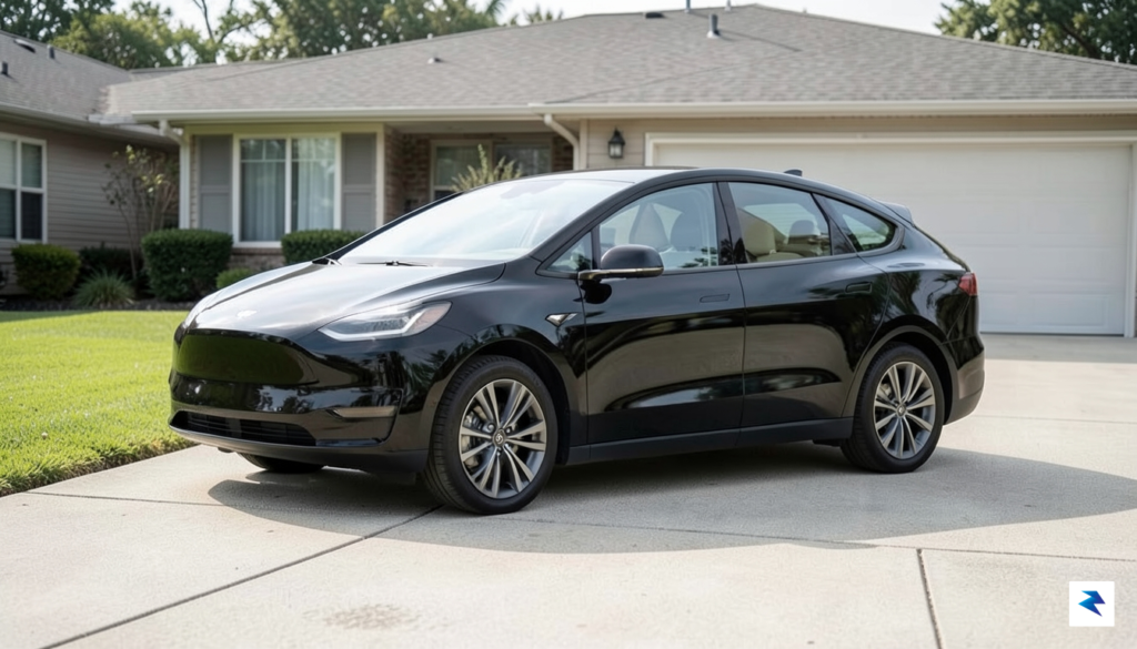 A sleek, modern Tesla Model Y parked in a residential&hellip;