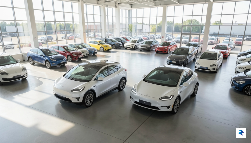 A sleek, high-angle shot of a Tesla Model Y and&hellip;