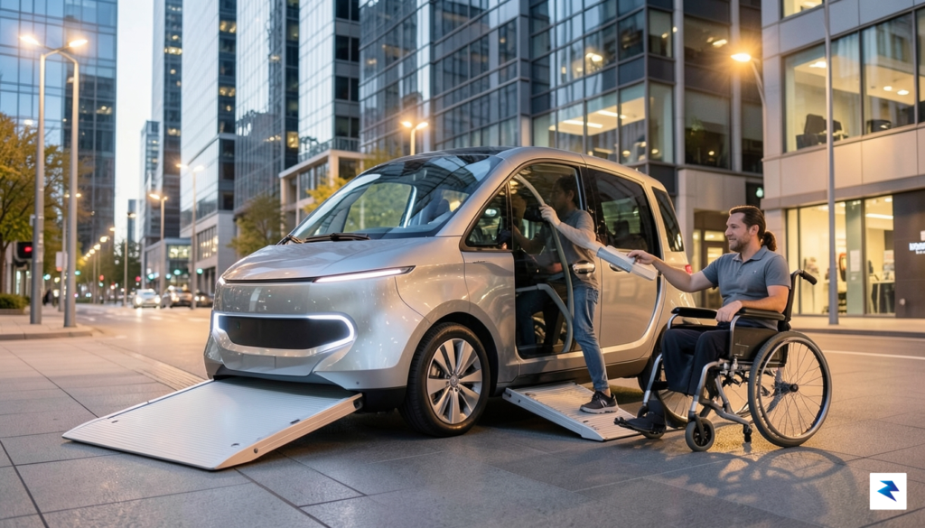 A sleek, futuristic autonomous vehicle with a seamless ramp deployment…