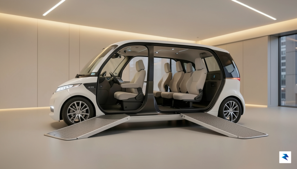 A conceptual interior shot of a minimalist robotaxi with a…