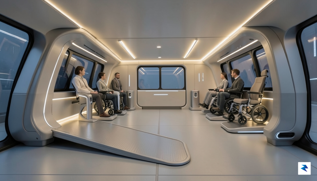 A conceptual interior view of a futuristic, spacious robotaxi cabin…