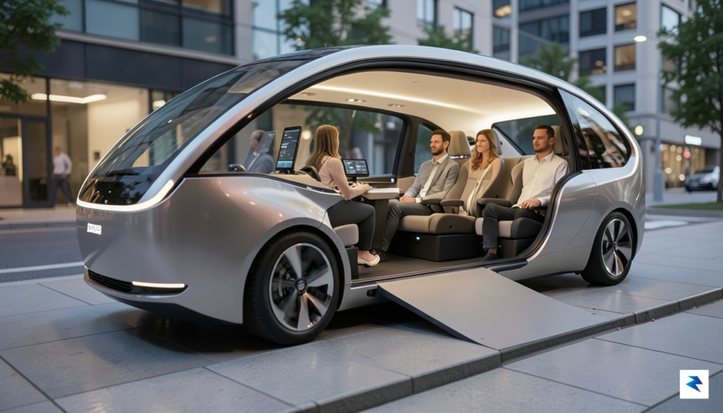 A conceptual design of a sleek, futuristic autonomous vehicle interior…