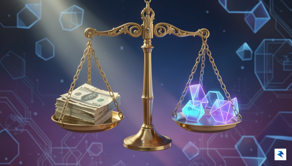 A conceptual digital illustration showing a golden scale of justice&hellip;