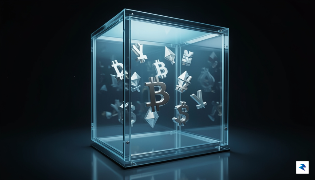 A digital visualization of various cryptocurrency symbols like Bitcoin and&hellip;