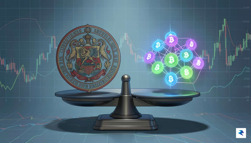 A conceptual illustration of a digital scale balancing a government&hellip;