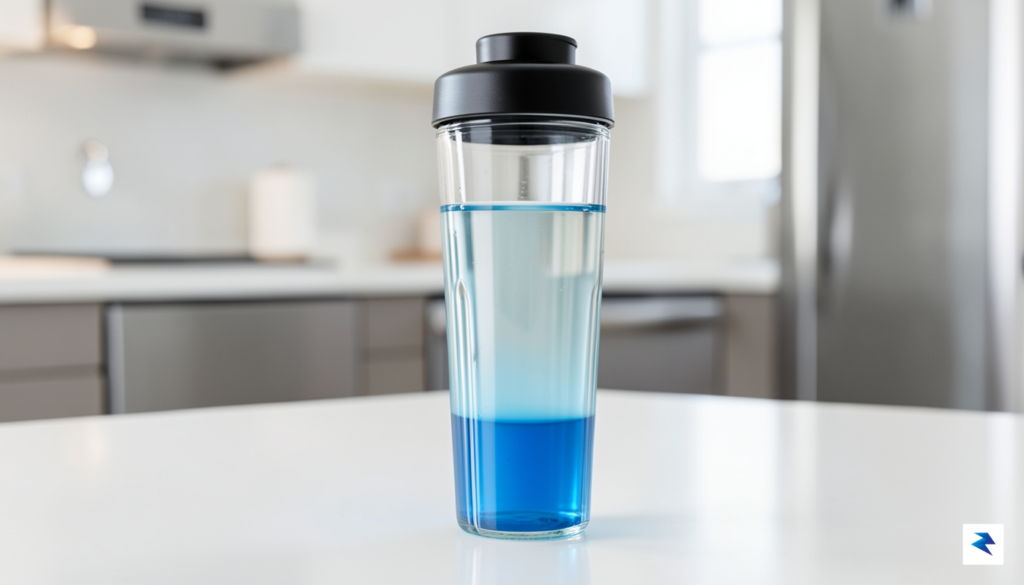 A close-up, high-resolution shot of a clear glass shaker bottle…