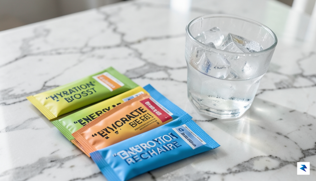 A flat-lay photograph of various electrolyte powder sachets and a…