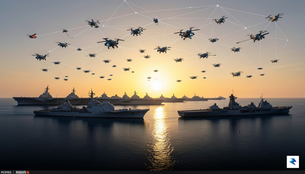 A wide-angle digital illustration showing a modern naval fleet, aerial&hellip;