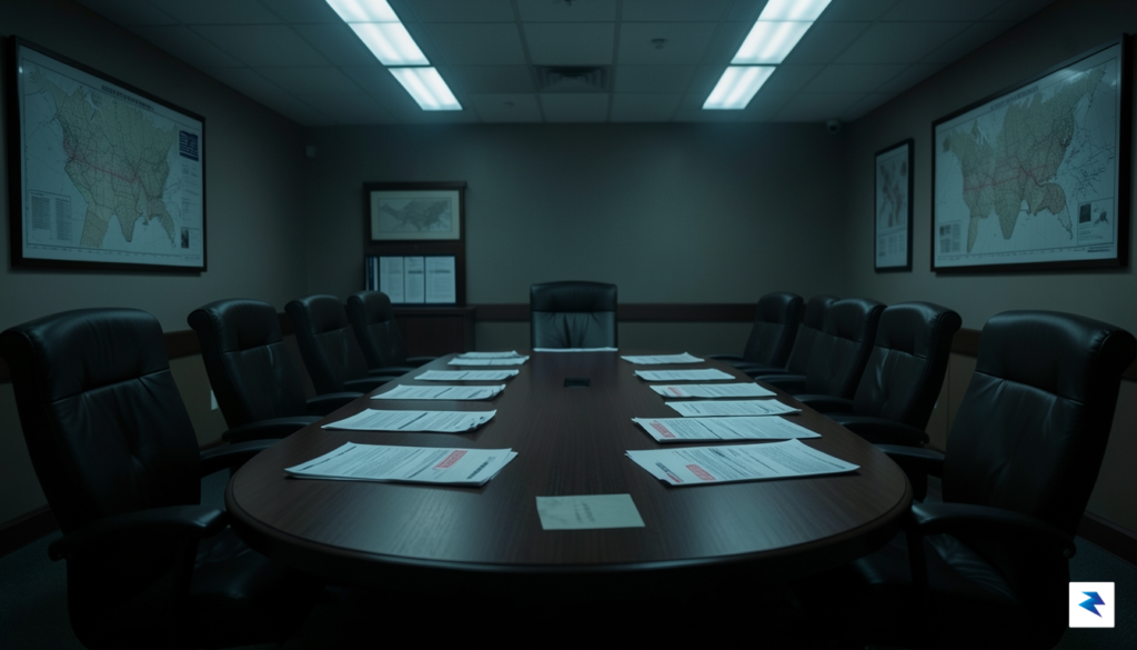 A wide-angle shot of a dimly lit, high-security Pentagon briefing&hellip;