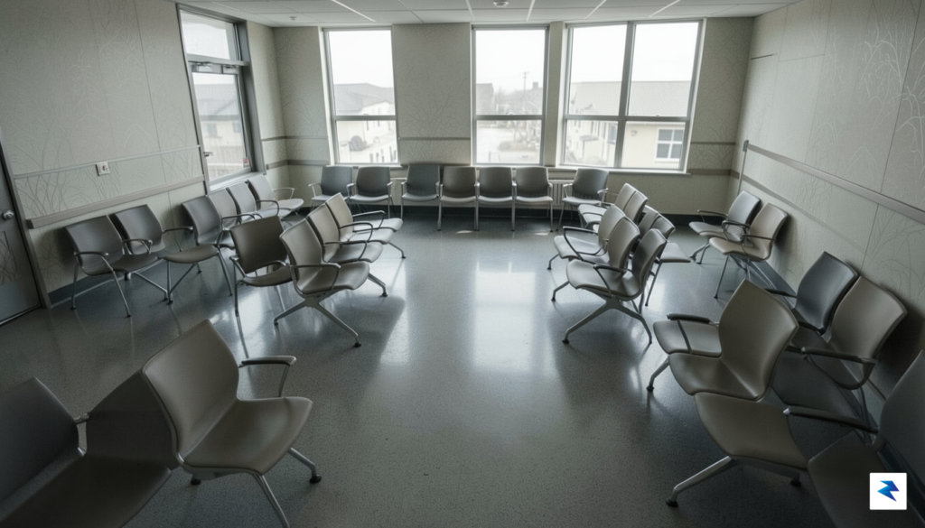 A somber, high-angle photograph of a modern veterans' hospital waiting&hellip;