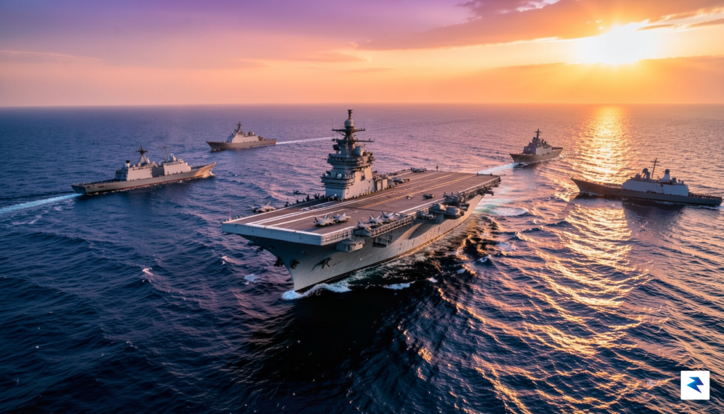 A wide-angle aerial shot of a U.S. Navy Carrier Strike&hellip;