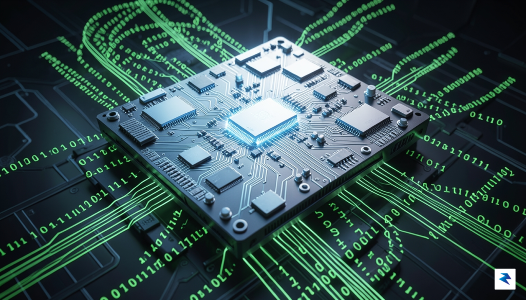 A conceptual digital artwork showing a glowing, intricate circuit board…
