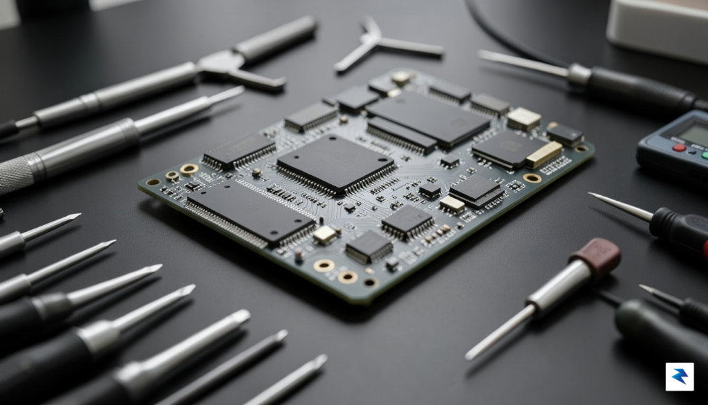 A close-up, artistic shot of a disassembled PlayStation 5 motherboard…