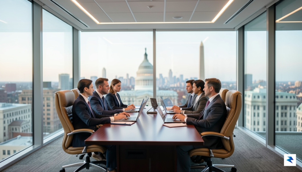 A modern, high-tech glass conference room featuring a legal team…