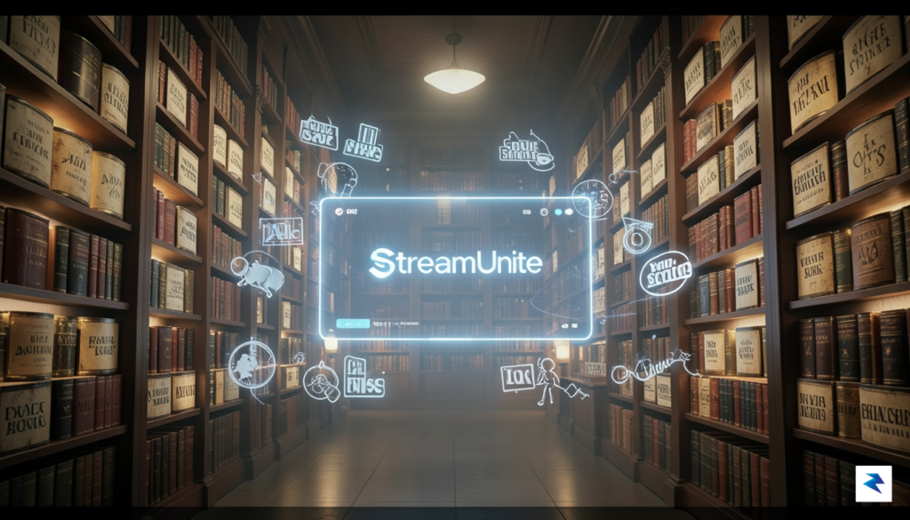 A conceptual digital illustration showing a vast library of classic…