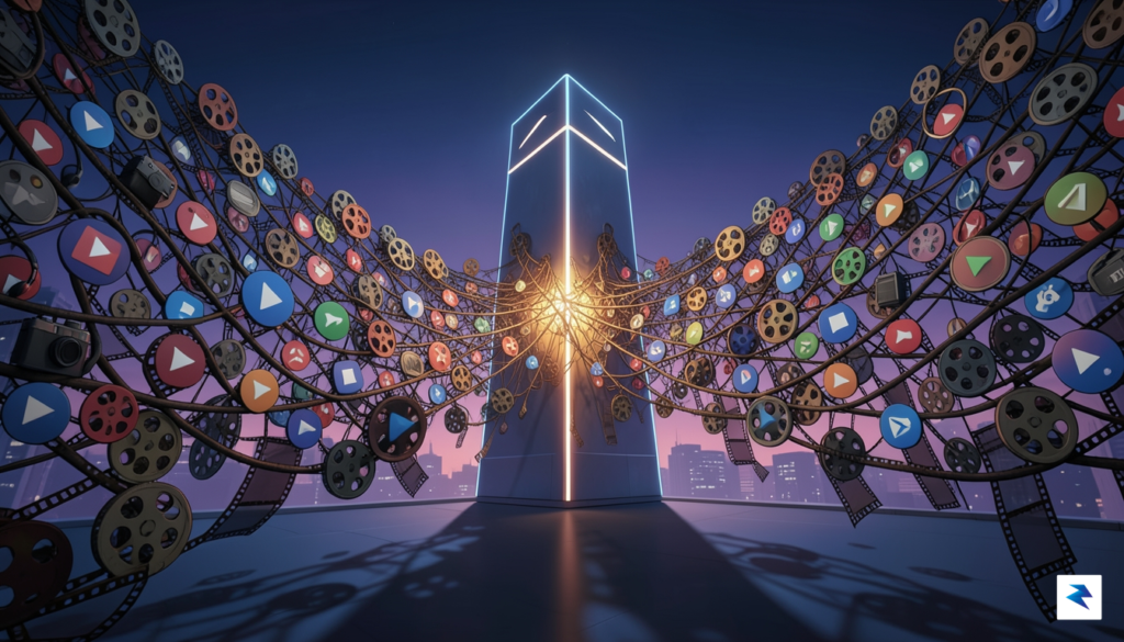 A conceptual digital illustration showing a complex web of interconnected…