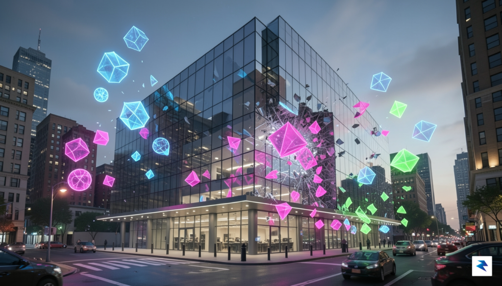 A conceptual digital illustration showing a glass Hollywood studio building…