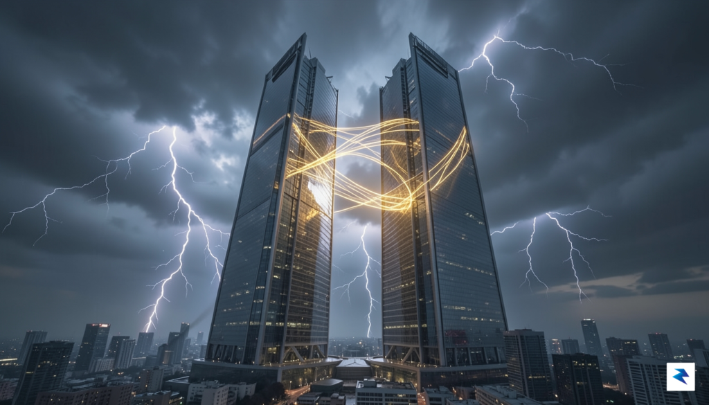 A wide-angle digital illustration showing two massive, glowing corporate towers…