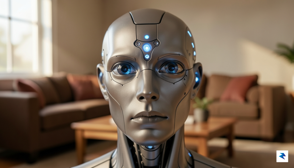 A close-up wide-angle shot of a humanoid robot's head featuring&hellip;