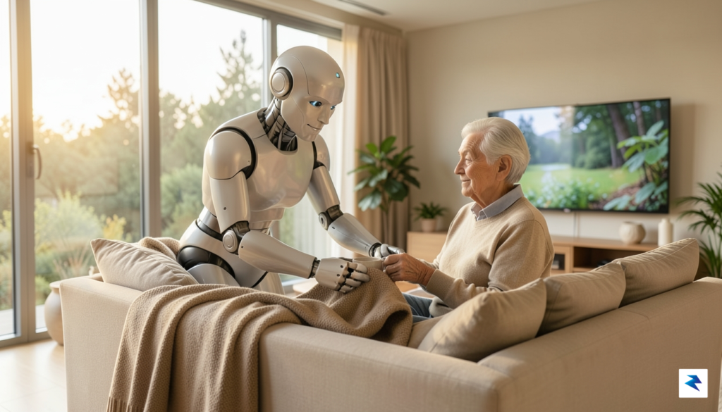 A sleek, humanoid robot with soft-touch hands gently assisting an&hellip;