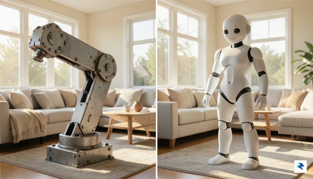 A side-by-side comparison showing a bulky, metallic industrial robotic arm&hellip;