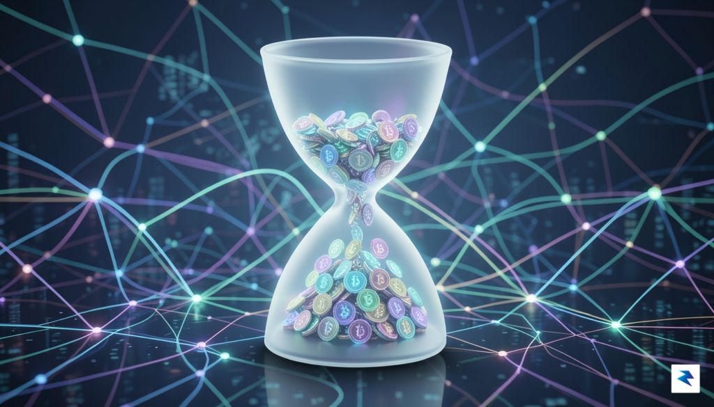 A digital illustration of a sleek, glowing hourglass where the…