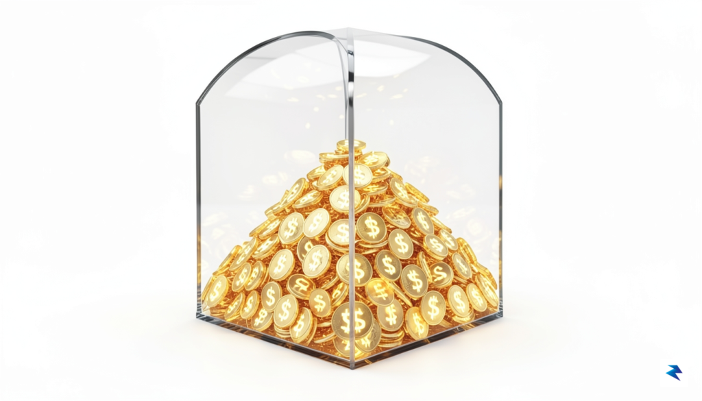 A conceptual digital visualization showing a transparent glass vault filled…