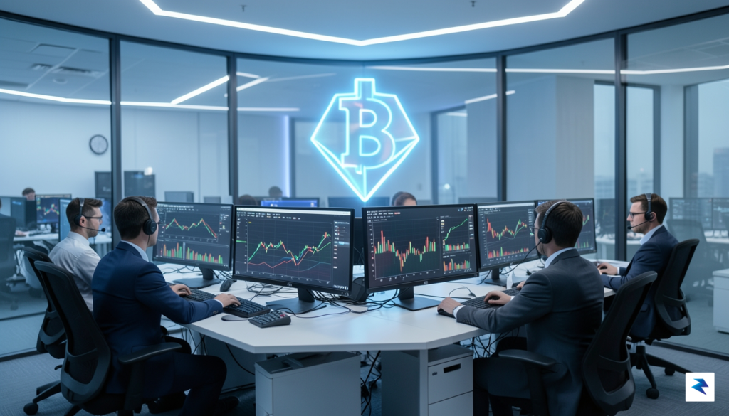 A high-tech, professional office environment showing digital analysts looking at…