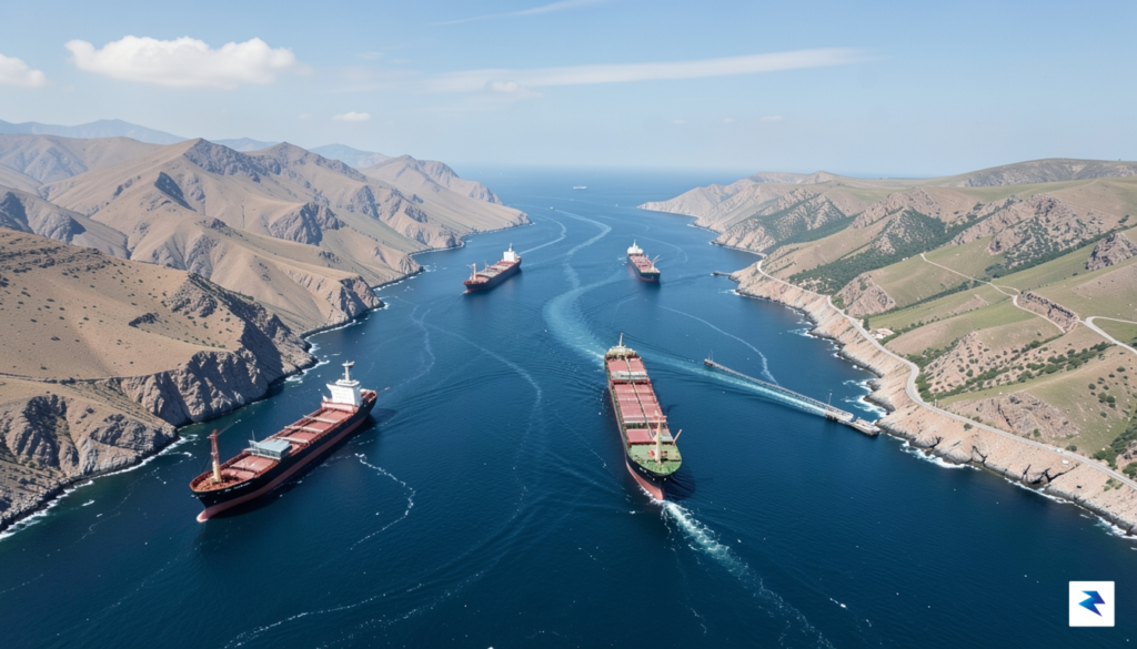 A satellite-style wide-angle view of the Strait of Hormuz showing&hellip;
