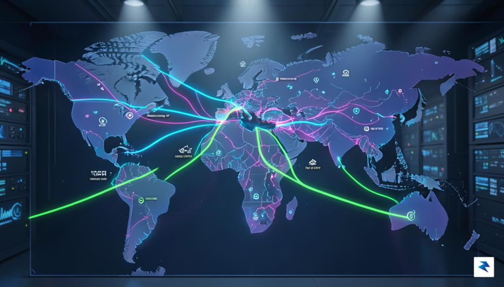 A modern, high-tech map visualization showing global shipping lanes with&hellip;