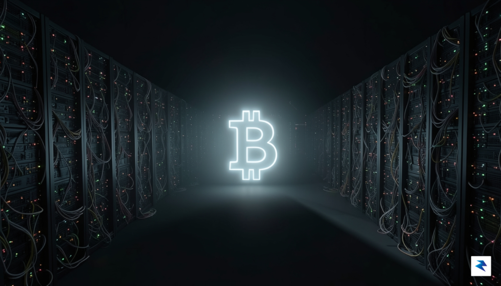 A conceptual digital art piece showing a single glowing Bitcoin…