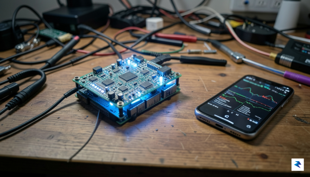 A close-up, high-contrast photograph of a small, custom-built single-board computer…