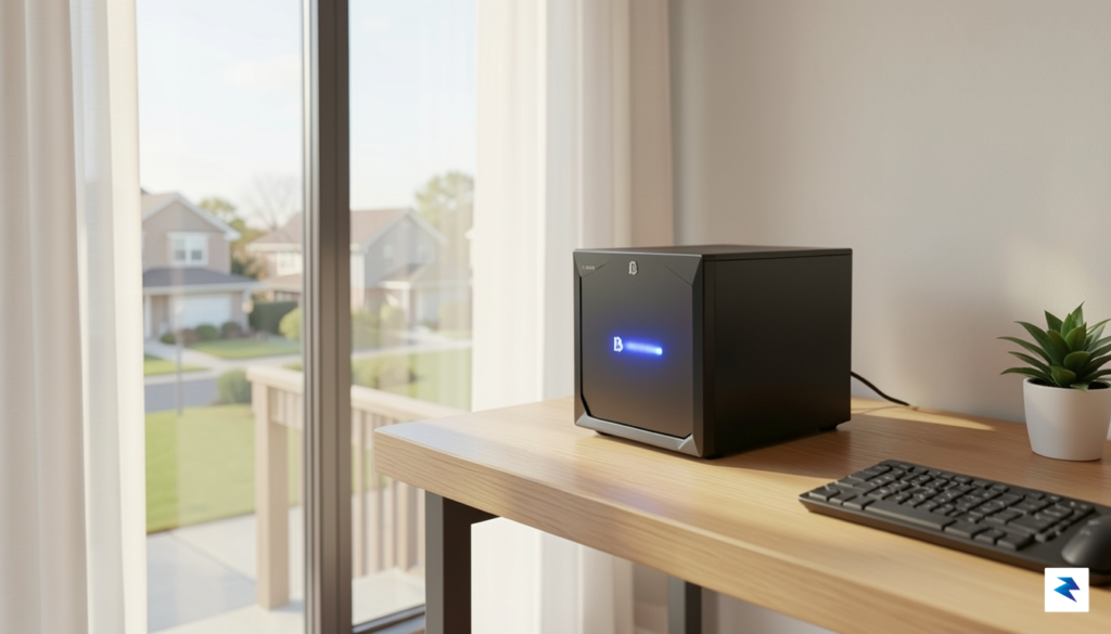 A modern home office setup featuring a sleek, small Bitcoin…