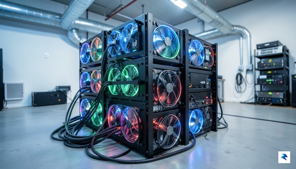 A close-up, high-detail photograph of a professional cryptocurrency ASIC miner…