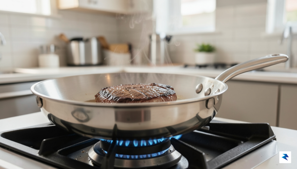 A close-up shot of a heavy-bottomed, multi-clad stainless steel frying…