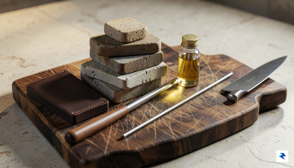A beautifully arranged set of knife sharpening tools, including various…
