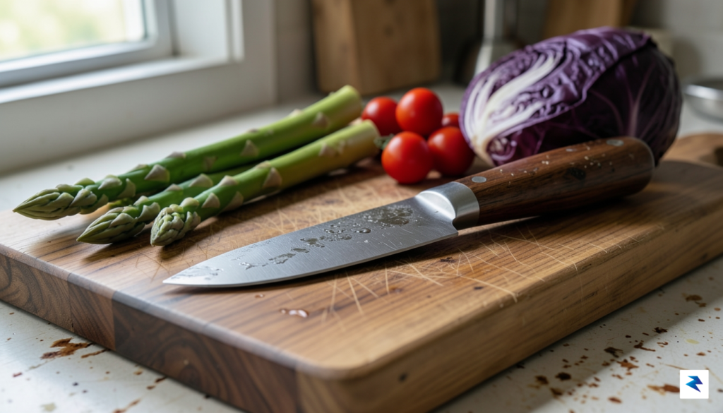 A close-up shot of a well-used, high-quality chef's knife resting…