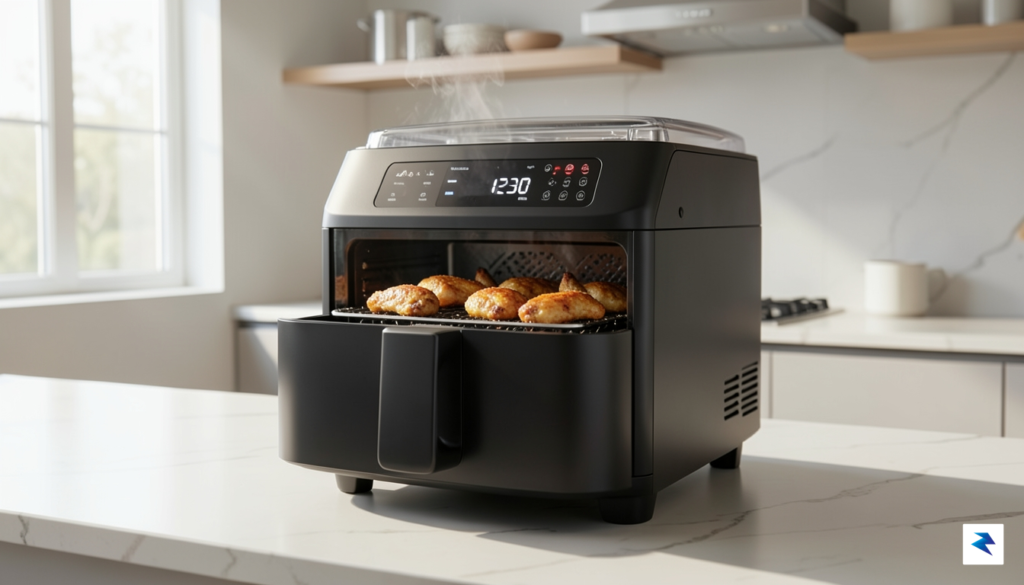 A sleek, modern air fryer actively cooking golden-brown chicken wings,…