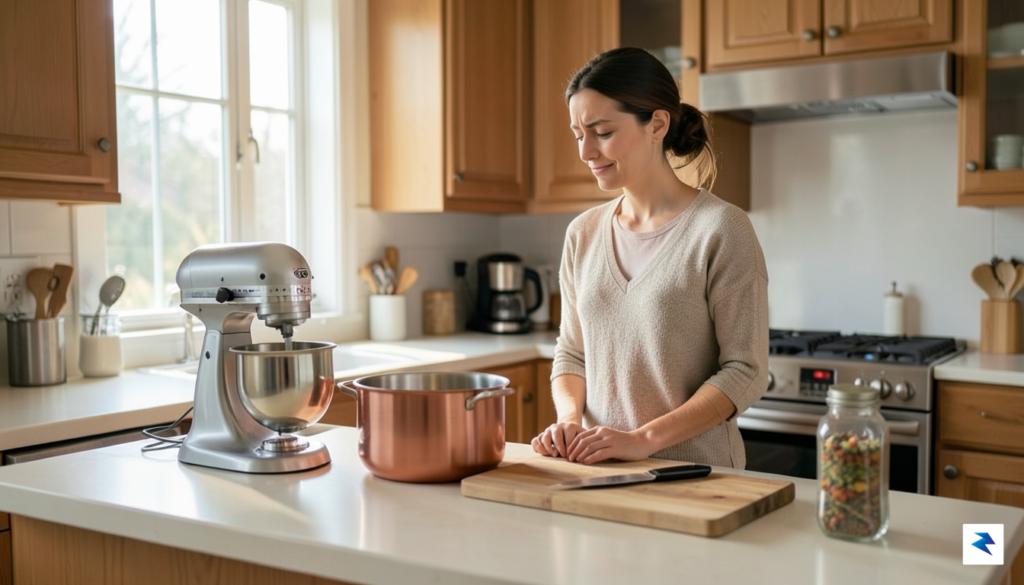 A person thoughtfully observing a kitchen counter with various cooking…