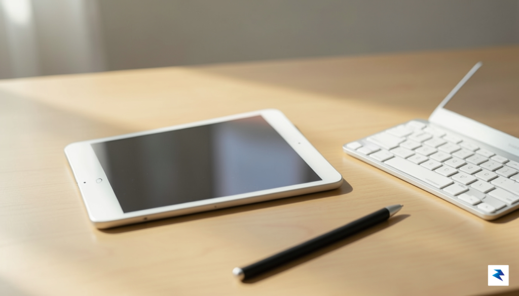 A clean, minimalist workspace featuring an iPad Air resting on&hellip;